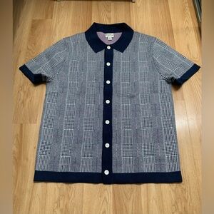 JCrew Short Sleeve Cotton Polo Sweater Windowpane Jacquard in Navy Pink sz Med